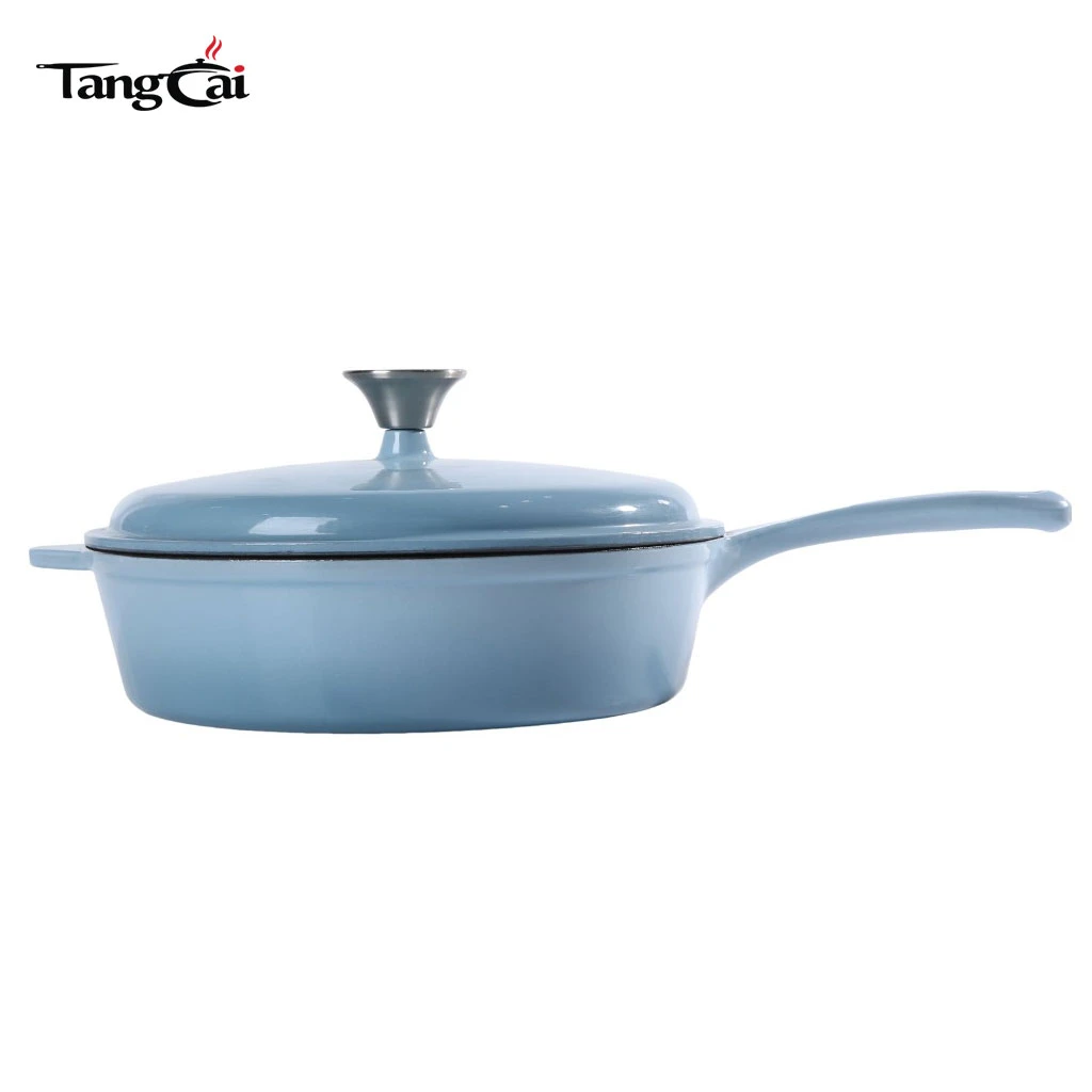 Custom Large 5.5QT Sky Blue Enameled Cast Iron Sauce Pot-Multipurpose Deep Casserole Pot Frying Pan with Long Handle