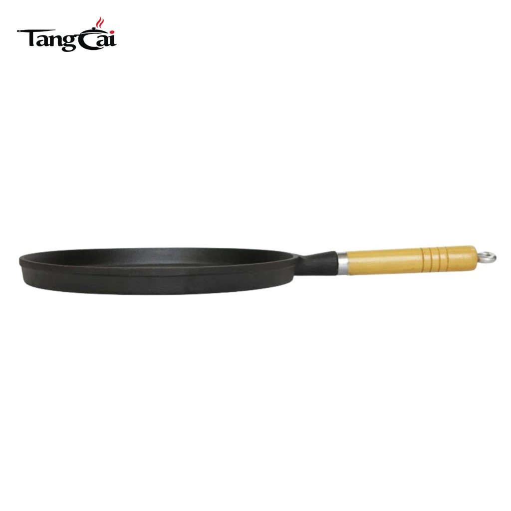 Cast Iron Frying Pan 10Inch Non-Stick Flat Griddle for Pancakes Crepes with Wooden Handle
