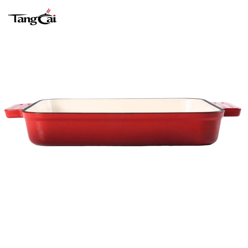 Red Enameled Cast Iron Roaster Pan | Rectangular Casserole Dish with Dual Side Handles