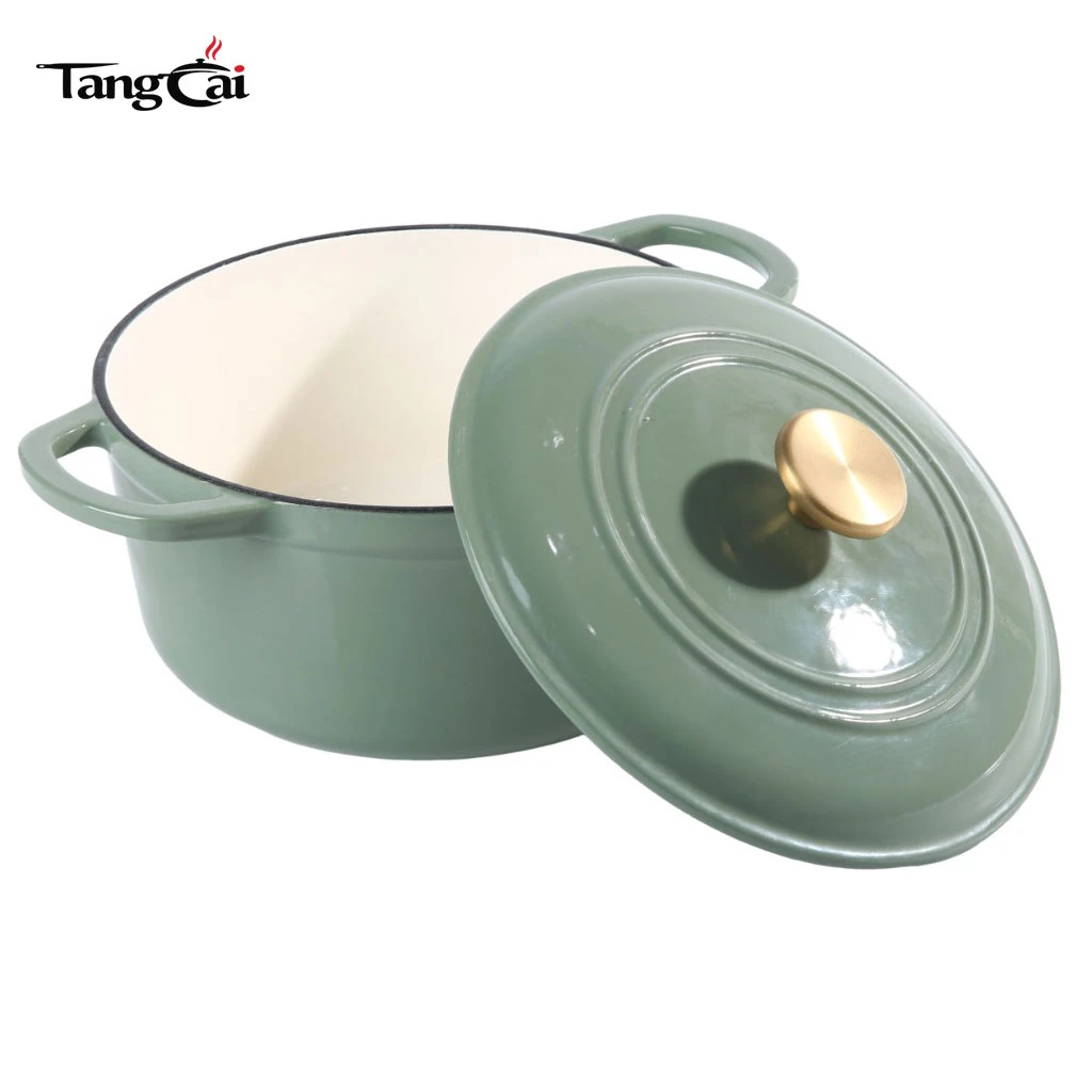 Modern Sage Green 5QT Enamel Cast Iron Dutch Oven with Gold Knob for Sourdough Bread Baking