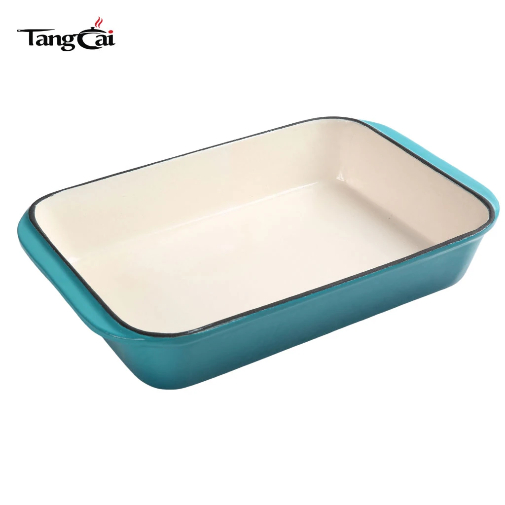 Custom Teal Color Enameled Cast Iron Roasting Pan - Rectangular Seafood Casserole Dish