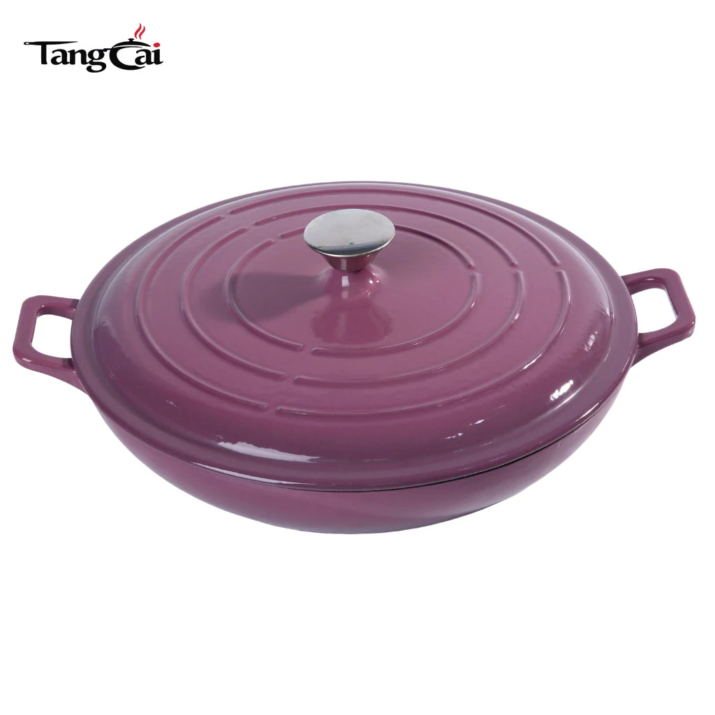 Grape Purple Enameled Cast Iron Shallow Dutch Oven, 3.8QT Multi-purpose Seafood Casserole Pan