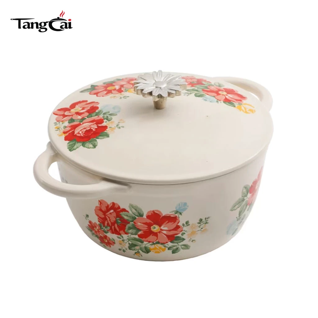 Vintage Red Floral Enameled Cast Iron Dutch Oven with Lid, Induction Safe Casserole Pot for Braising, Stewing, Sourdough Baking