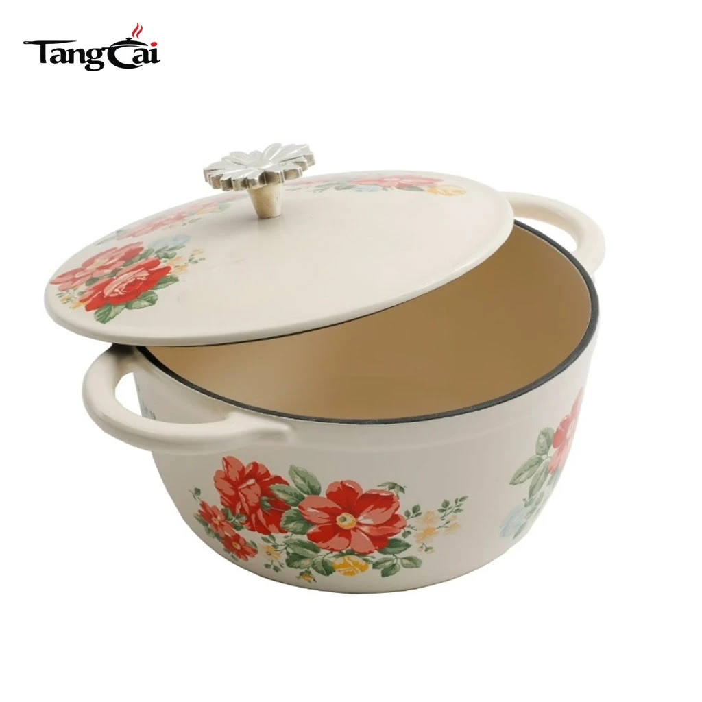 Vintage Red Floral Enameled Cast Iron Dutch Oven with Lid, Induction Safe Casserole Pot for Braising, Stewing, Sourdough Baking