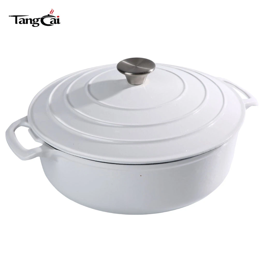 Shallow Glossy White Enameled Cast Iron Dutch Oven, Multi-purpose Seafood Casserole Pot with Lid