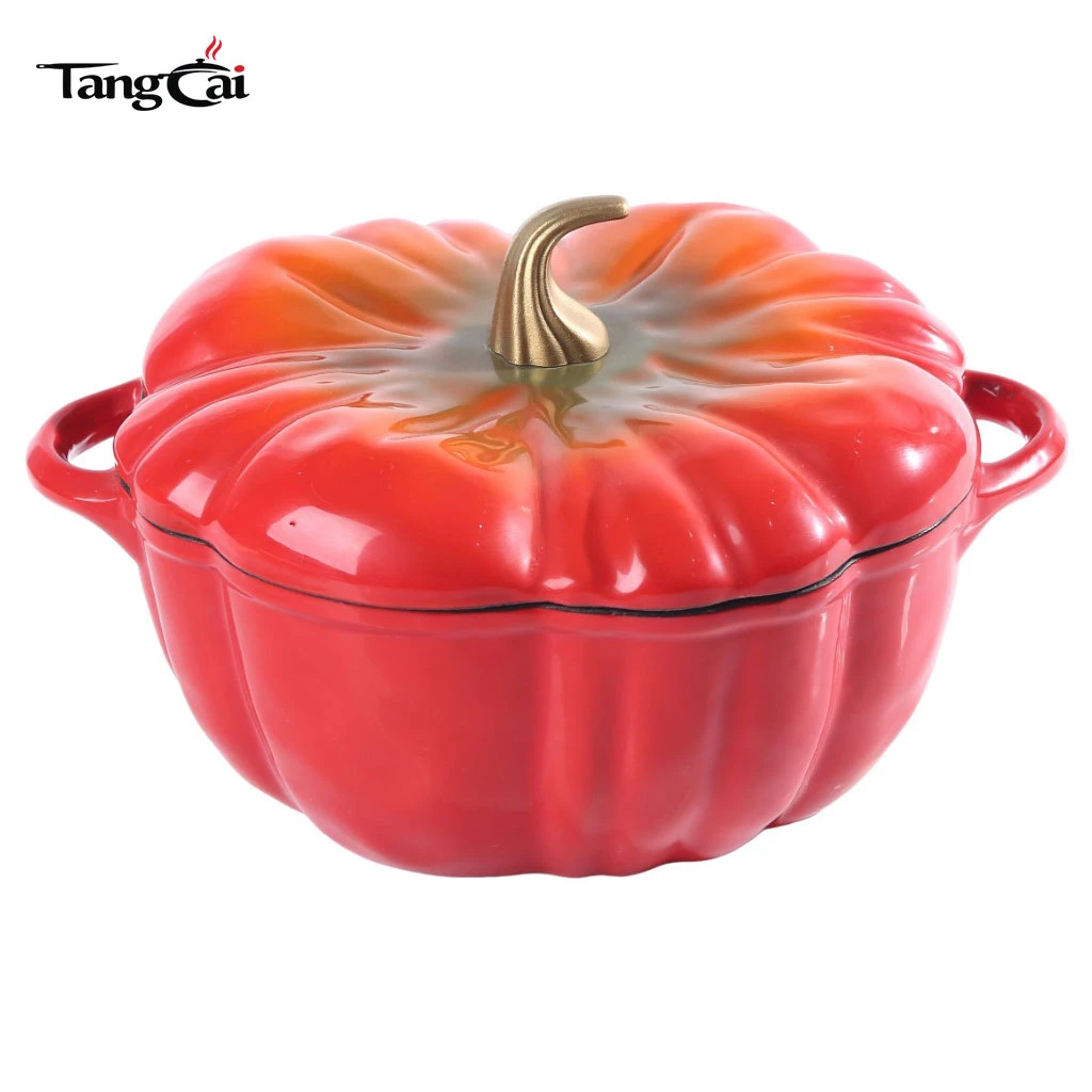 Gradient Red Pumpkin Shaped Enamel Cast Iron Dutch Oven with Matte Black Inner Coating