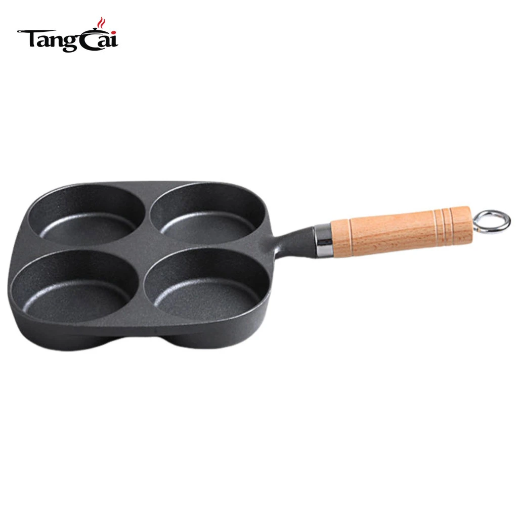 Pre-Seasoned Cast Iron 4-Cup Pancake Pan with Wooden Handle, Non-Stick Multi-Hole Griddle for Mini Pancakes, Eggs & Breakfast