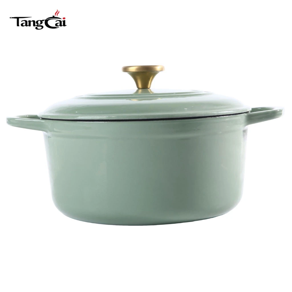 Modern Sage Green 5QT Enamel Cast Iron Dutch Oven with Gold Knob for Sourdough Bread Baking