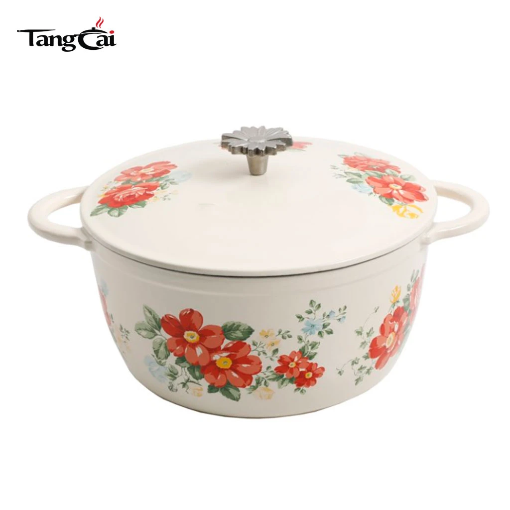 Vintage Red Floral Enameled Cast Iron Dutch Oven with Lid, Induction Safe Casserole Pot for Braising, Stewing, Sourdough Baking