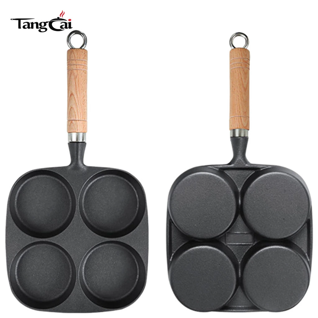 Pre-Seasoned Cast Iron 4-Cup Pancake Pan with Wooden Handle, Non-Stick Multi-Hole Griddle for Mini Pancakes, Eggs & Breakfast