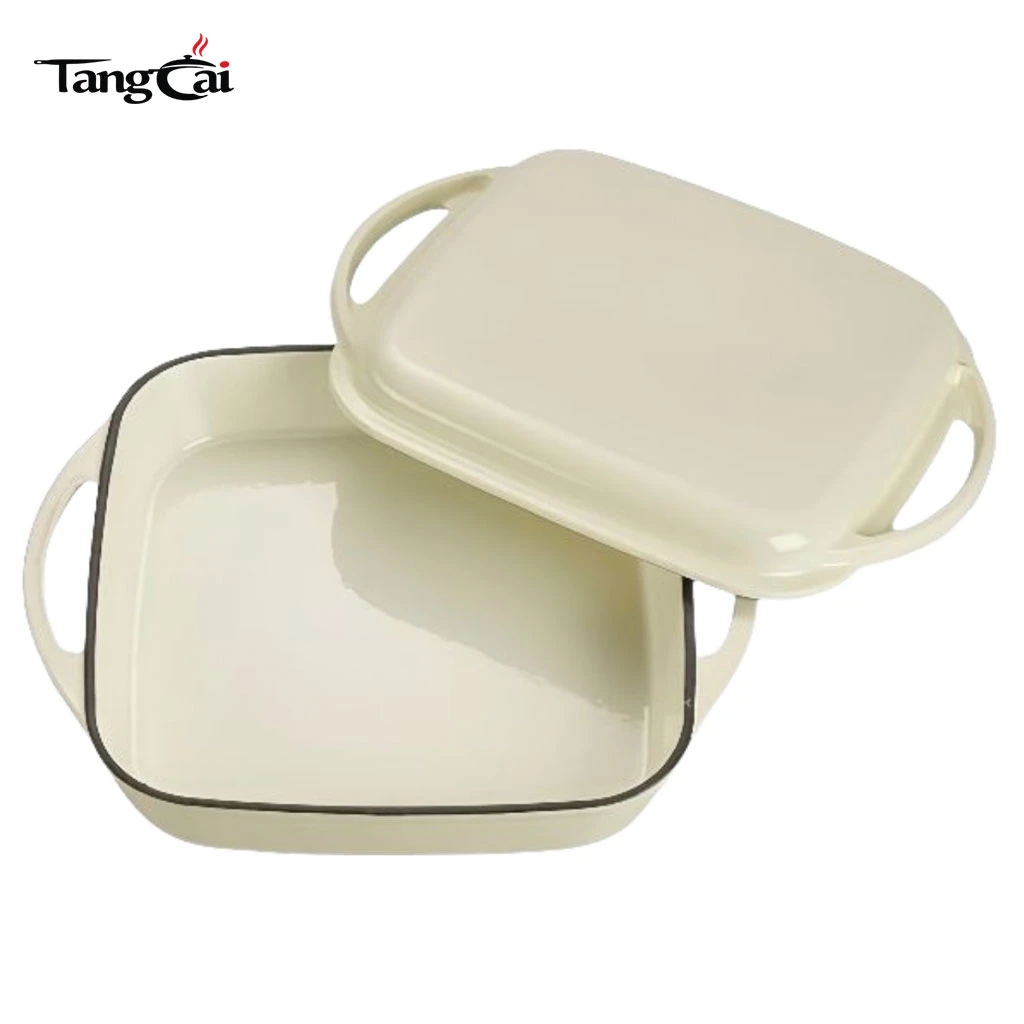Cream White Enameled Cast Iron 2-in-1 Combo Cooker, Square Roasting Pan with Grill Lid