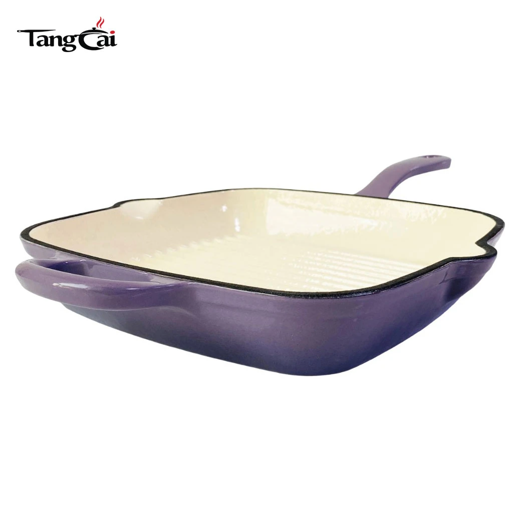 Custom Large Size Enameled Cast Iron Square Grill Pan with Dual Pour Spouts