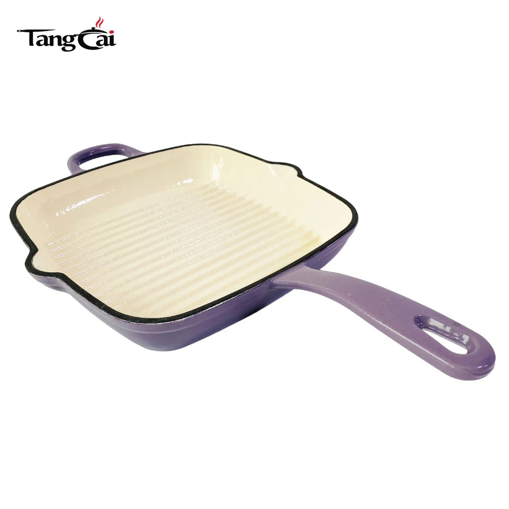 Custom Large Size Enameled Cast Iron Square Grill Pan with Dual Pour Spouts