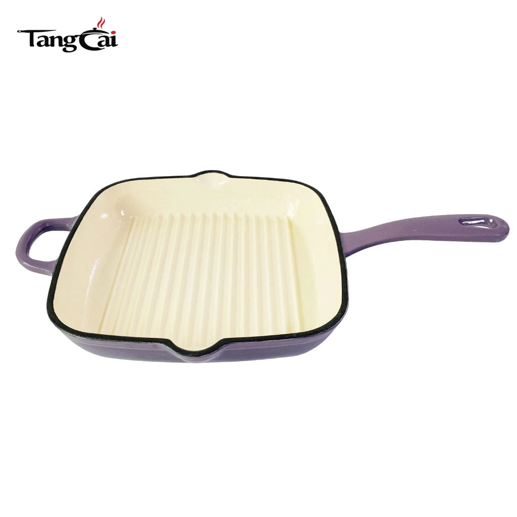 Custom Large Size Enameled Cast Iron Square Grill Pan with Dual Pour Spouts