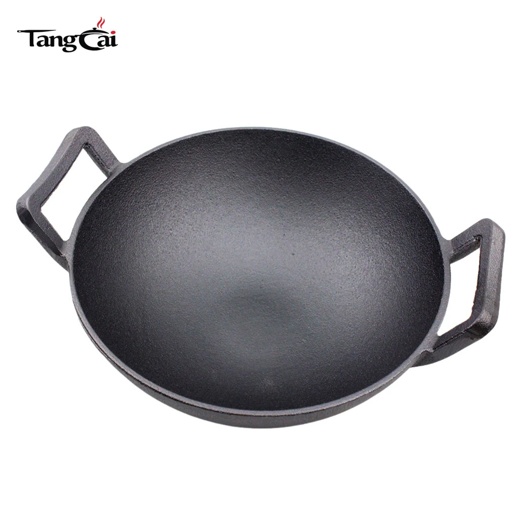 Large Nonstick Cast Iron Chinese Wok Pan for Stir-Frying, Braising & Outdoor Cooking