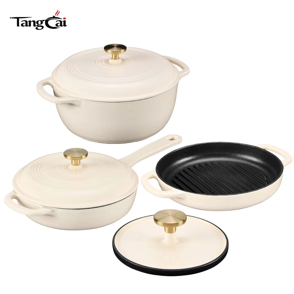 Wholesale 4-Piece Enamel Cast Iron Cookware Set - Nonstick Dutch Oven and Grill Pan Set