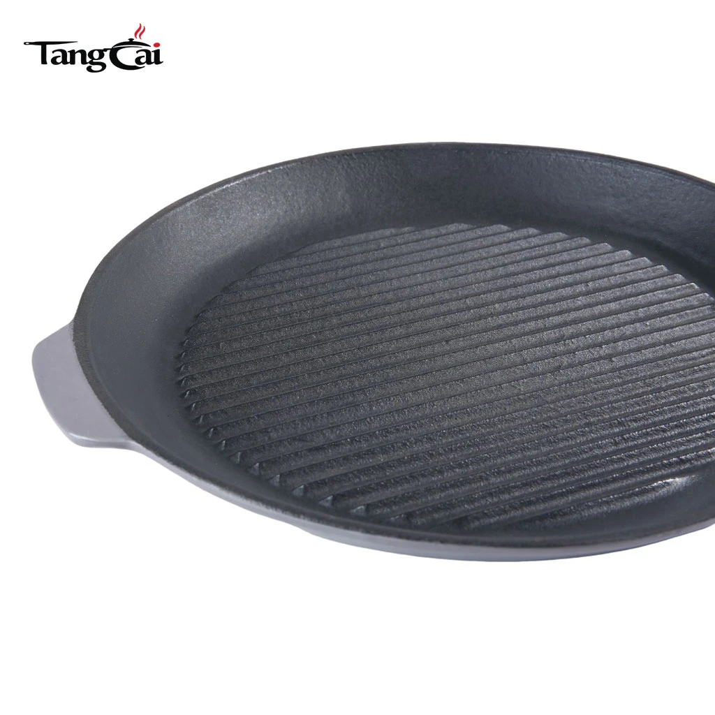 Custom  Pre-Seasoned Ridged Skillet Cast Iron Round Grill Pan with Removable Wooden Handle