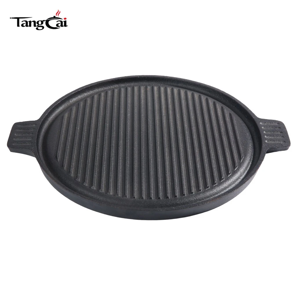 Korean-Style Cast Iron Round Grill Pan with Dual Handles - Nonstick Ridged BBQ Griddle Pan