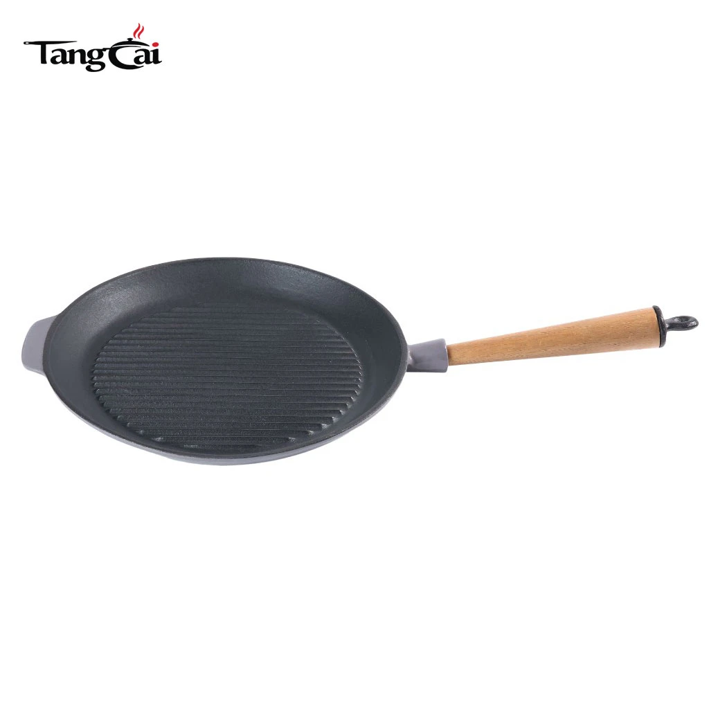 Custom  Pre-Seasoned Ridged Skillet Cast Iron Round Grill Pan with Removable Wooden Handle