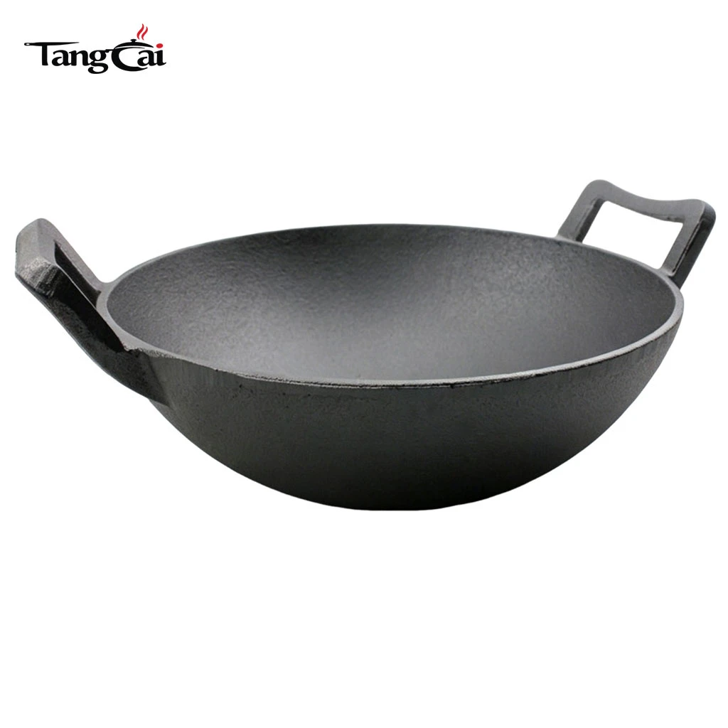 Large Nonstick Cast Iron Chinese Wok Pan for Stir-Frying, Braising & Outdoor Cooking