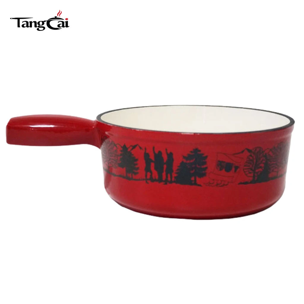 Custom Red Enameled Cast Iron Fondue Pot with Scenic Pattern Print