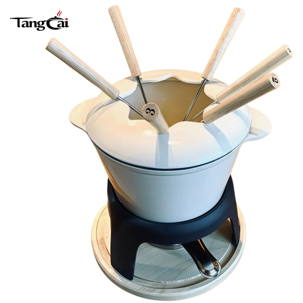 Enameled Cast Iron Fondue Set with Metal Stand and Forks, 1.6QT Chocolate Melting Pot