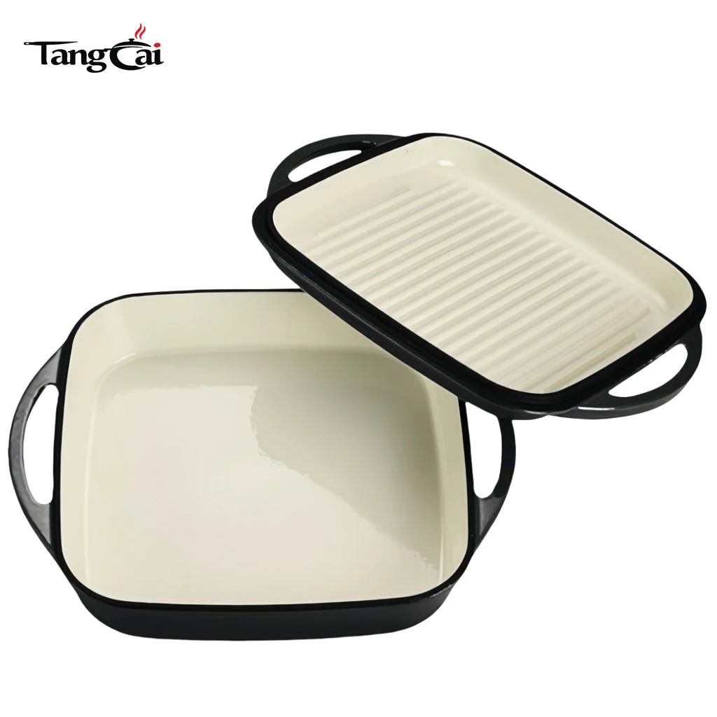 Cream White Enameled Cast Iron 2-in-1 Combo Cooker, Square Roasting Pan with Grill Lid