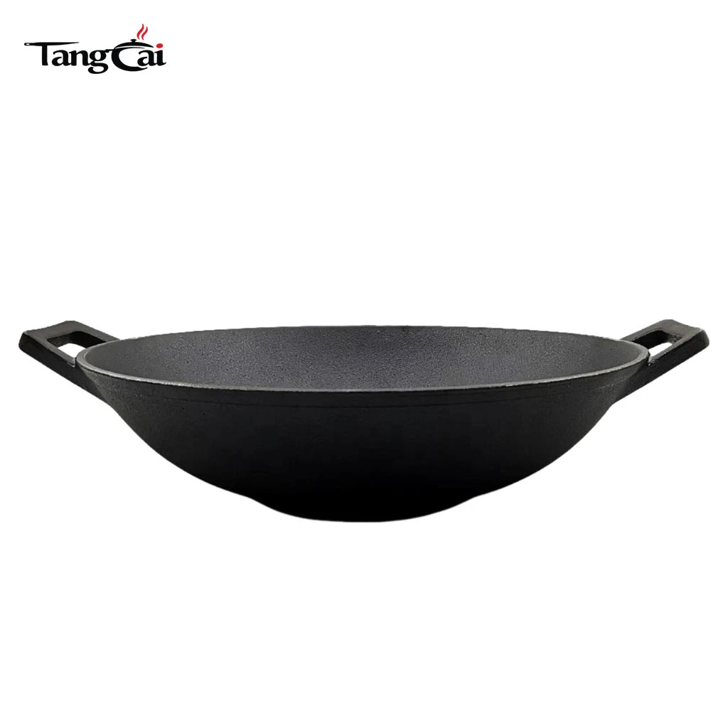 Large 14 Inch Pre-Seasoned Cast Iron Wok Pan with Dual Handles