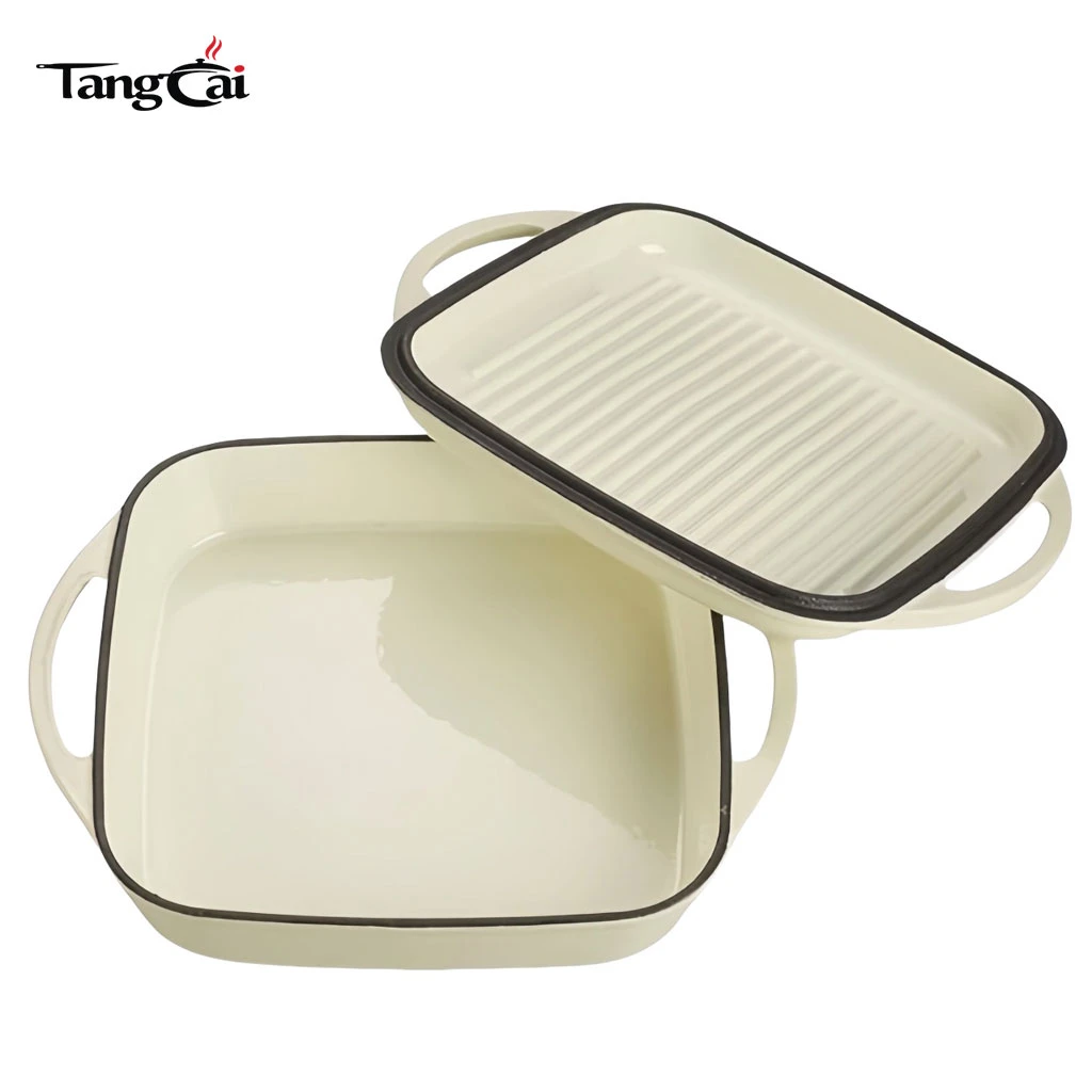 Cream White Enameled Cast Iron 2-in-1 Combo Cooker, Square Roasting Pan with Grill Lid