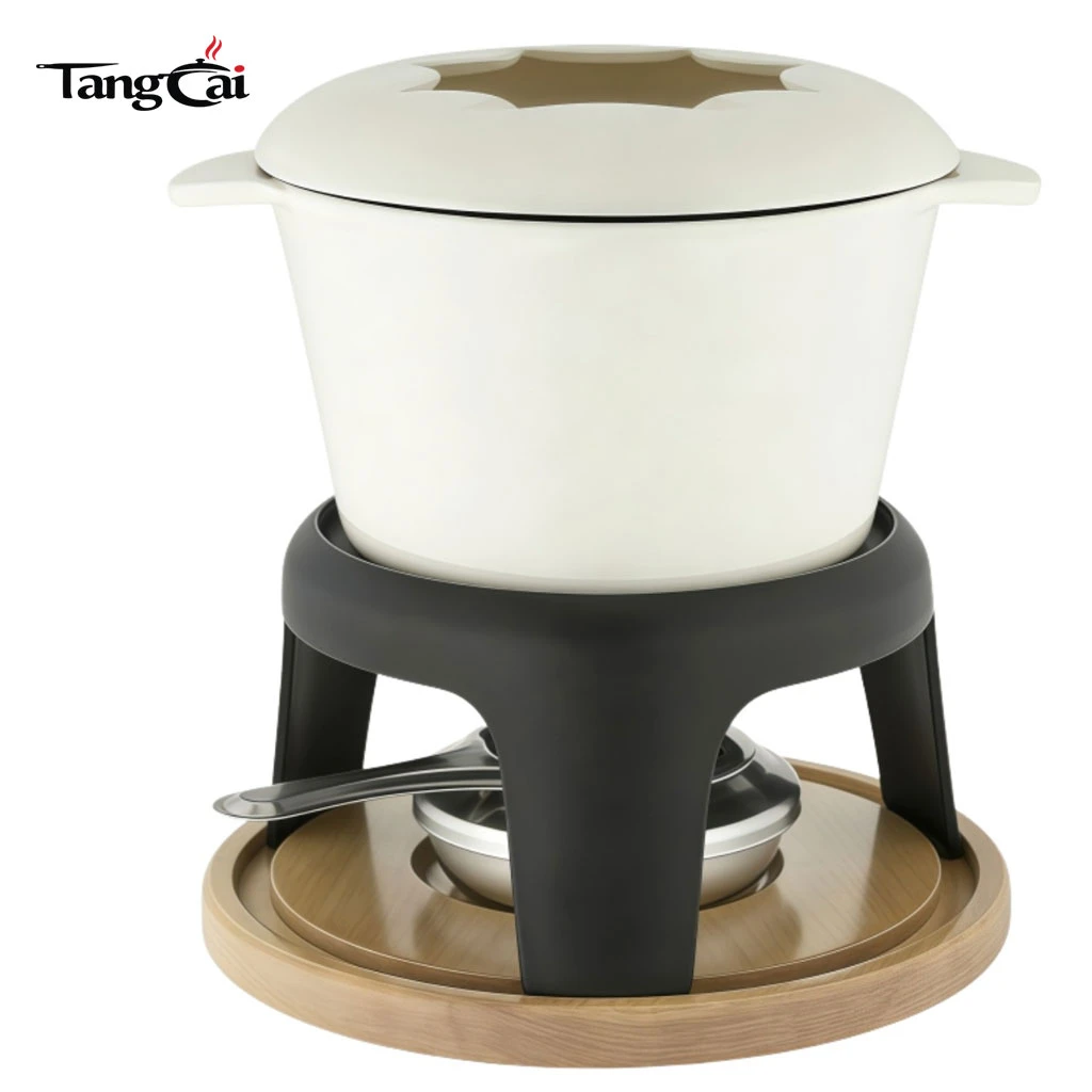 Enameled Cast Iron Fondue Set with Metal Stand and Forks, 1.6QT Chocolate Melting Pot