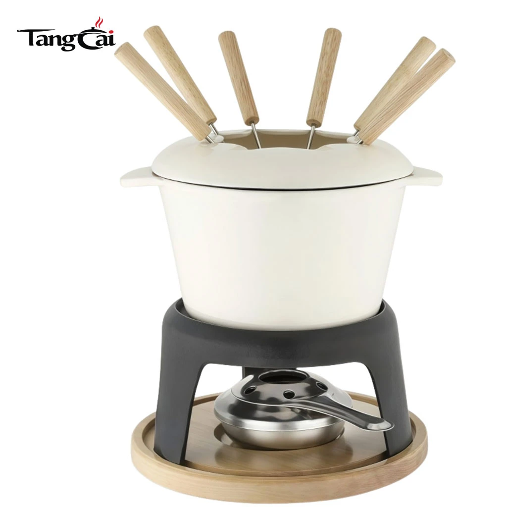 Enameled Cast Iron Fondue Set with Metal Stand and Forks, 1.6QT Chocolate Melting Pot