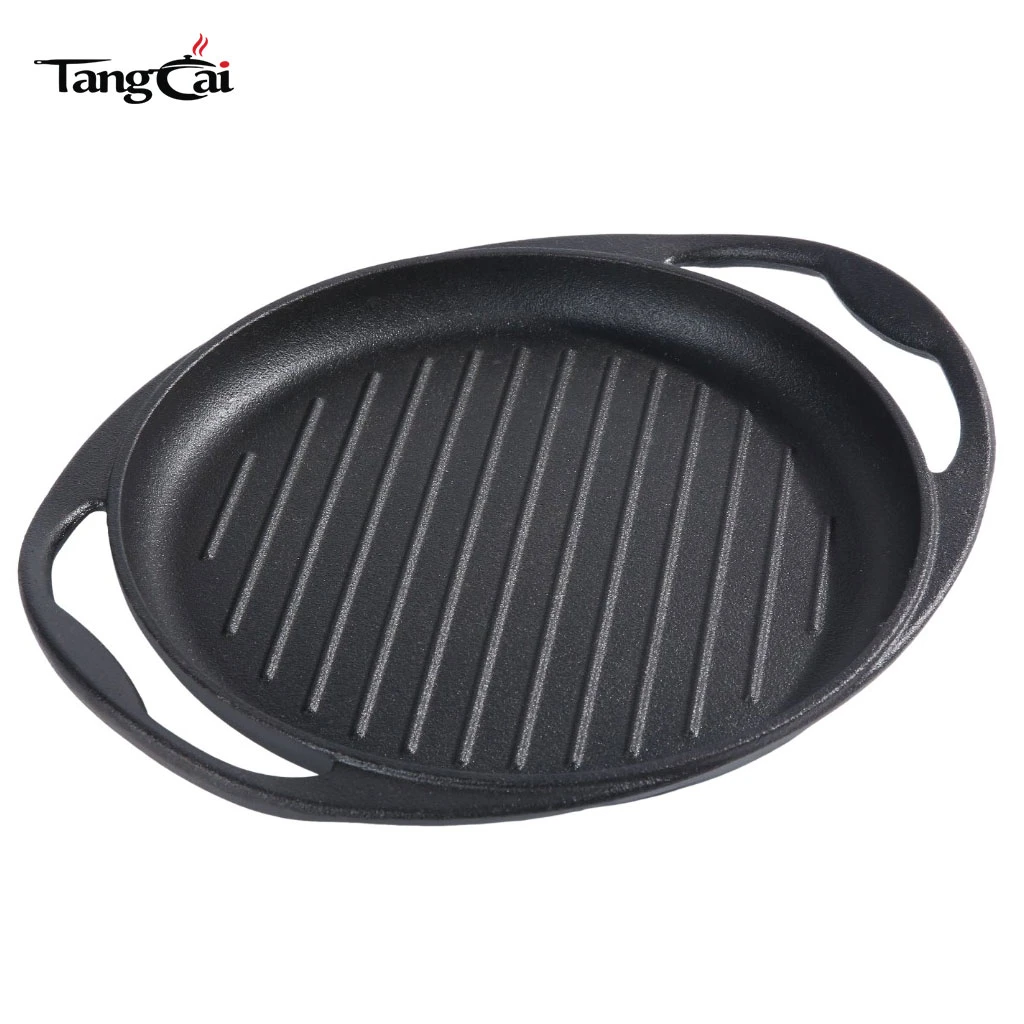 Round Cast Iron Grill Pan with Large Loop Handles - Non-Stick BBQ Skillet for Steak, Meat, Vegetables
