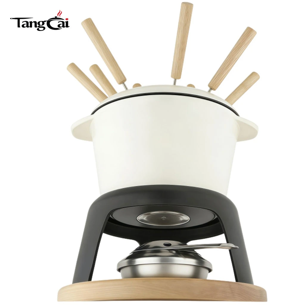 Enameled Cast Iron Fondue Set with Metal Stand and Forks, 1.6QT Chocolate Melting Pot