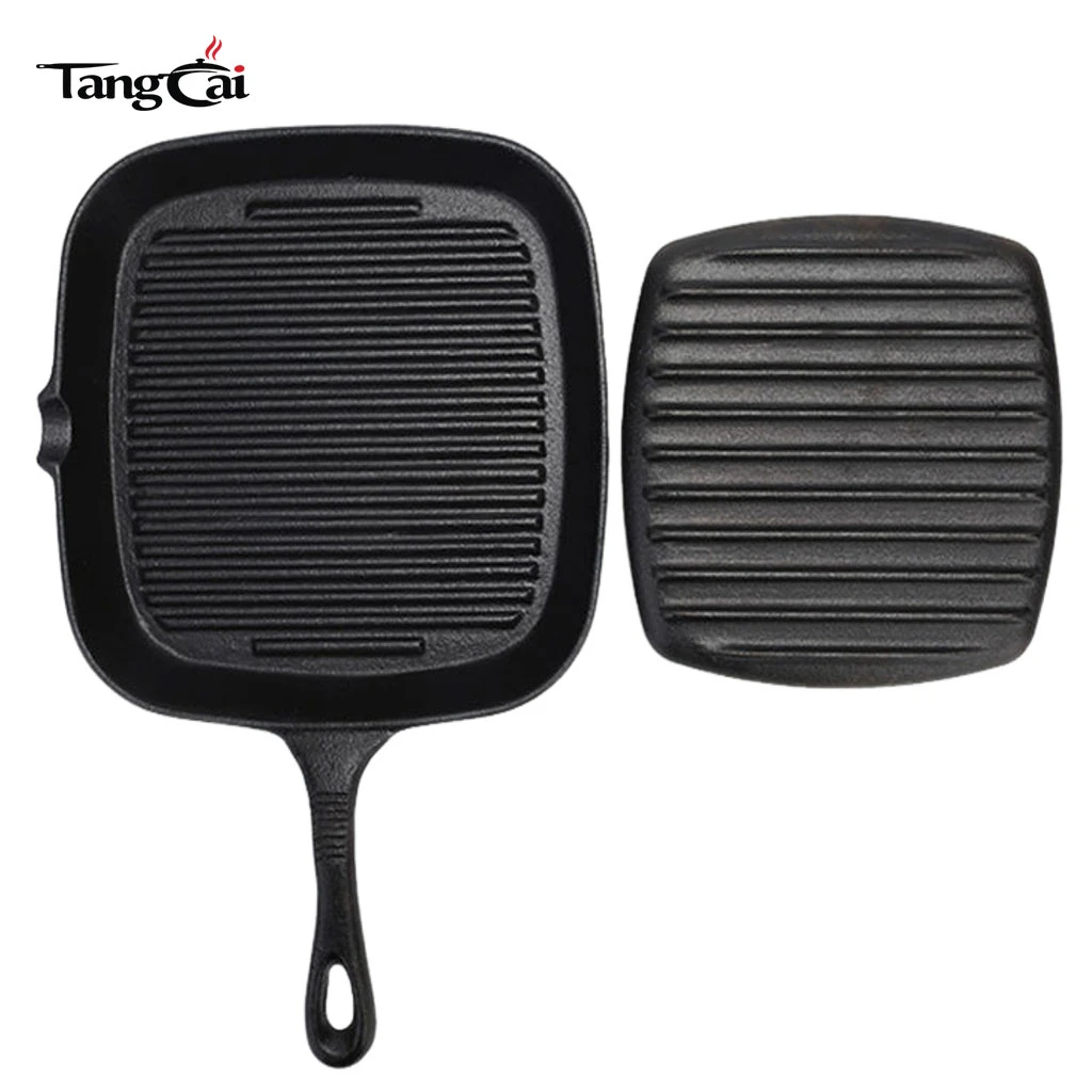 2-Piece Square Cast Iron Griddle Kit, Ridged Grill Skillet + Cast Iron Steak Press