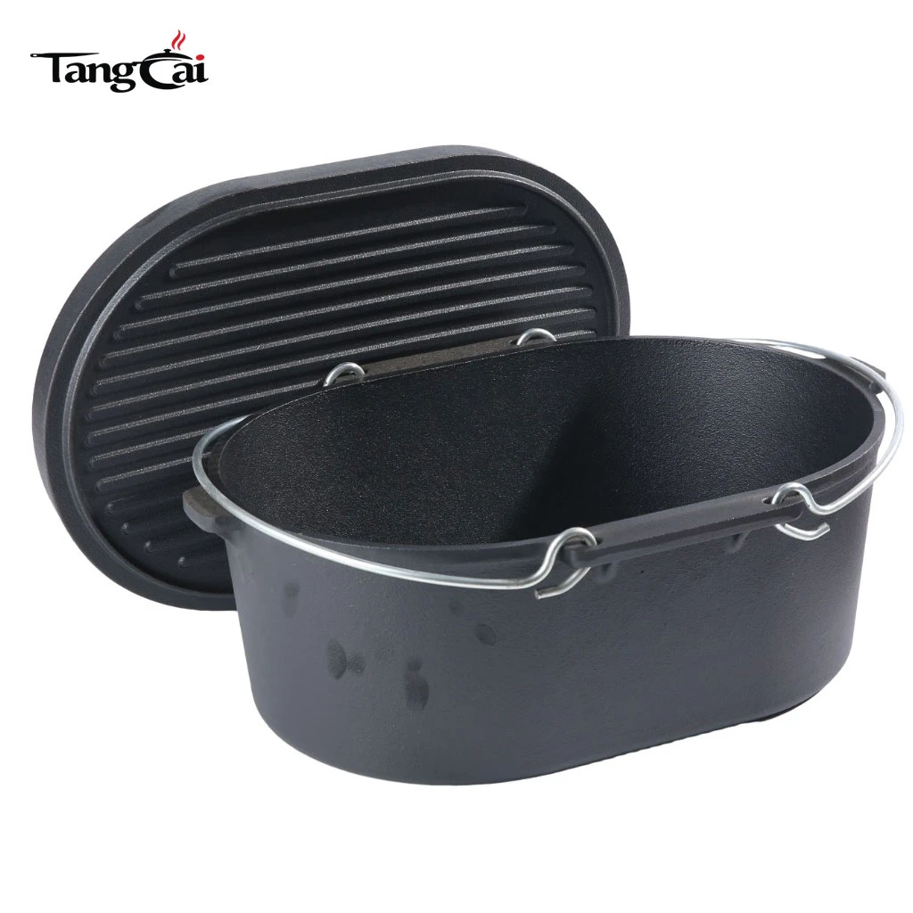 5.5QT Camping Cookware Cast Iron Oval Dutch Oven with Grill Lid