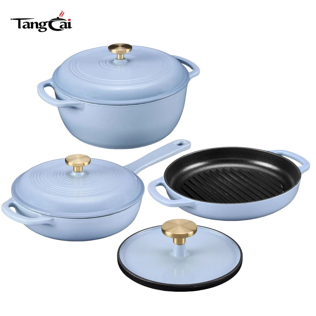 Wholesale 4-Piece Enamel Cast Iron Cookware Set - Nonstick Dutch Oven and Grill Pan Set