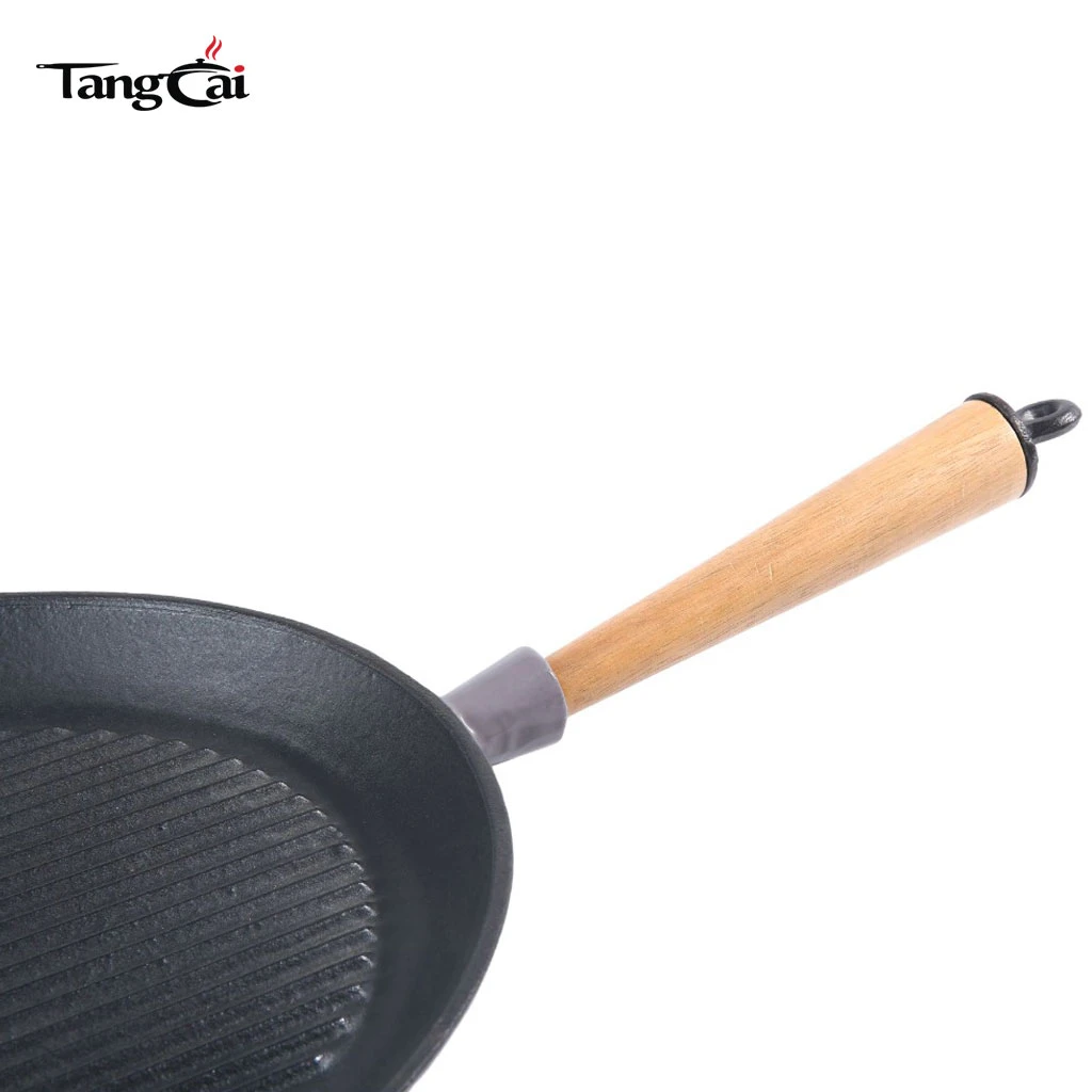 Custom  Pre-Seasoned Ridged Skillet Cast Iron Round Grill Pan with Removable Wooden Handle
