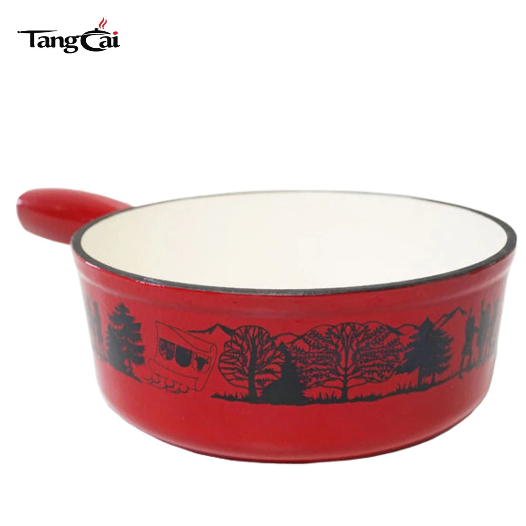 Custom Red Enameled Cast Iron Fondue Pot with Scenic Pattern Print