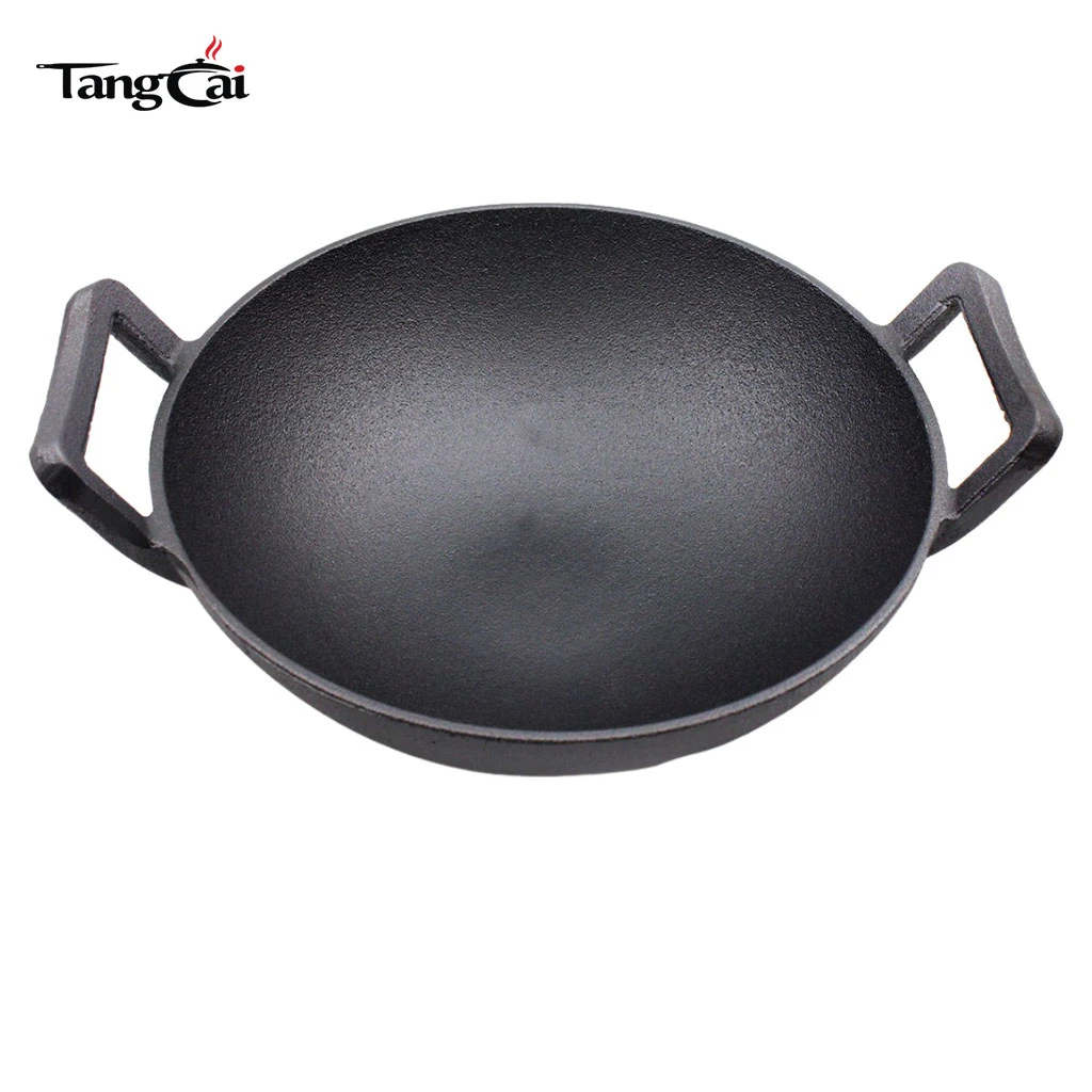 Large Nonstick Cast Iron Chinese Wok Pan for Stir-Frying, Braising & Outdoor Cooking