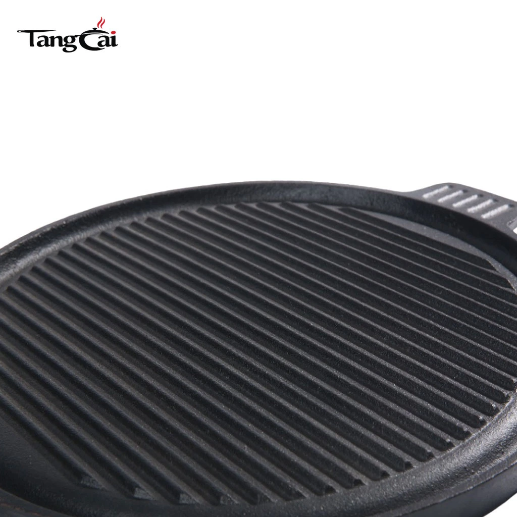 Korean-Style Cast Iron Round Grill Pan with Dual Handles - Nonstick Ridged BBQ Griddle Pan