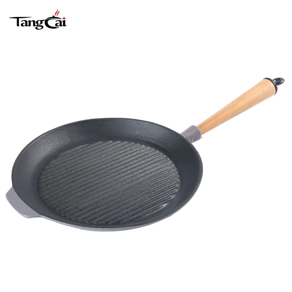 Custom  Pre-Seasoned Ridged Skillet Cast Iron Round Grill Pan with Removable Wooden Handle