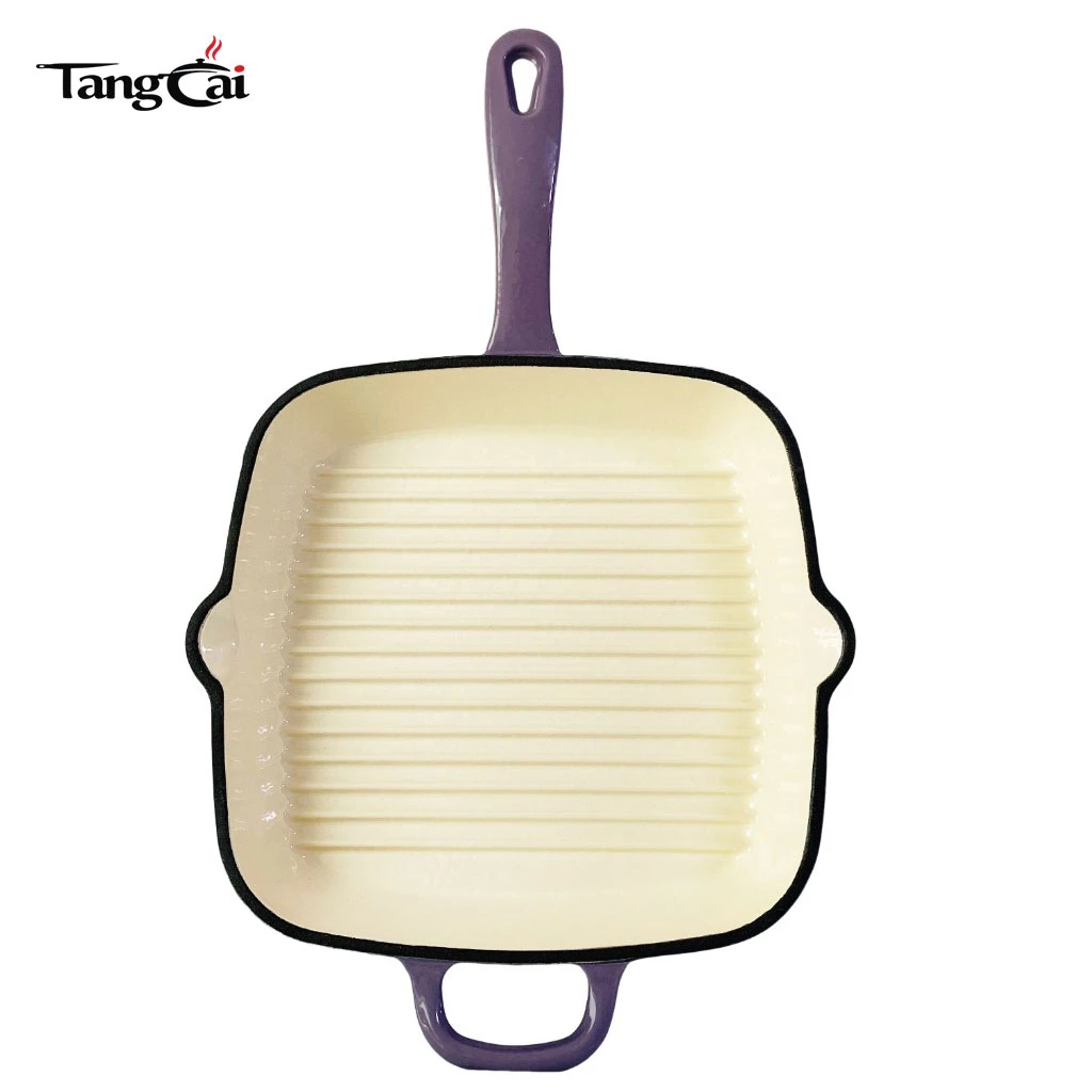 Custom Large Size Enameled Cast Iron Square Grill Pan with Dual Pour Spouts