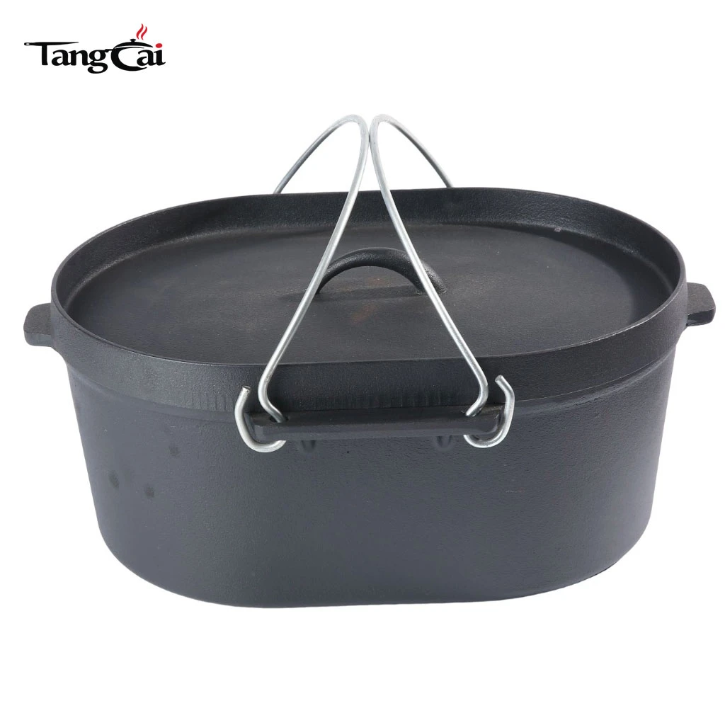 5.5QT Camping Cookware Cast Iron Oval Dutch Oven with Grill Lid