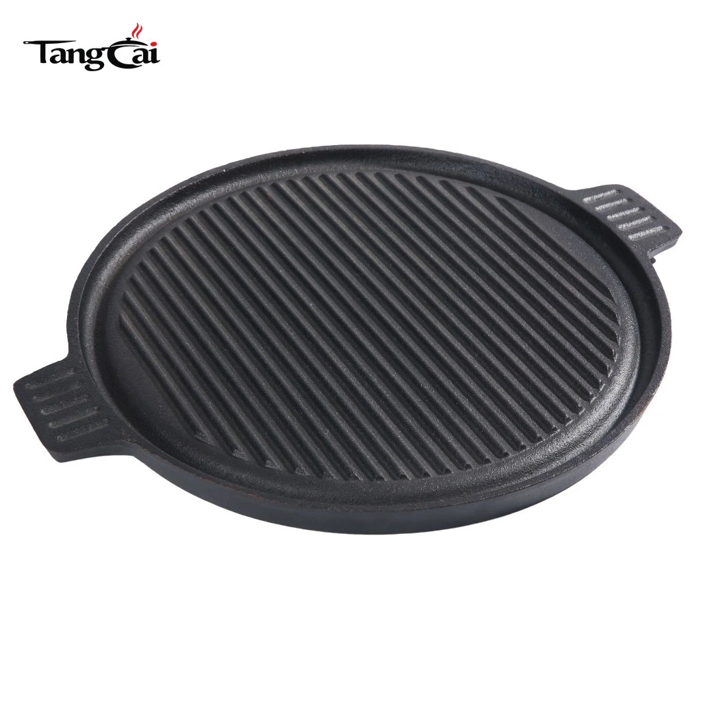 Korean-Style Cast Iron Round Grill Pan with Dual Handles - Nonstick Ridged BBQ Griddle Pan