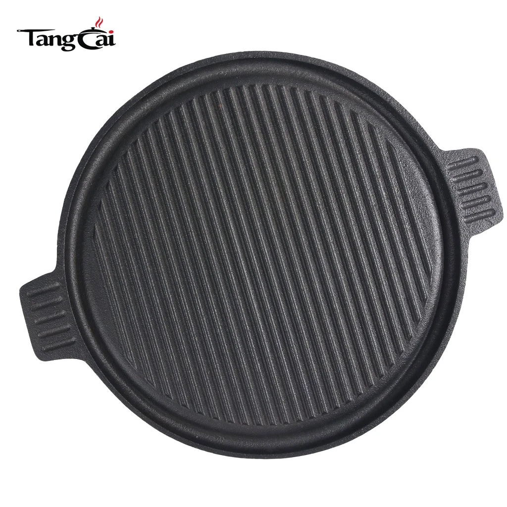 Korean-Style Cast Iron Round Grill Pan with Dual Handles - Nonstick Ridged BBQ Griddle Pan