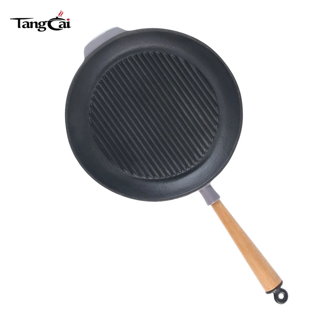 Custom  Pre-Seasoned Ridged Skillet Cast Iron Round Grill Pan with Removable Wooden Handle
