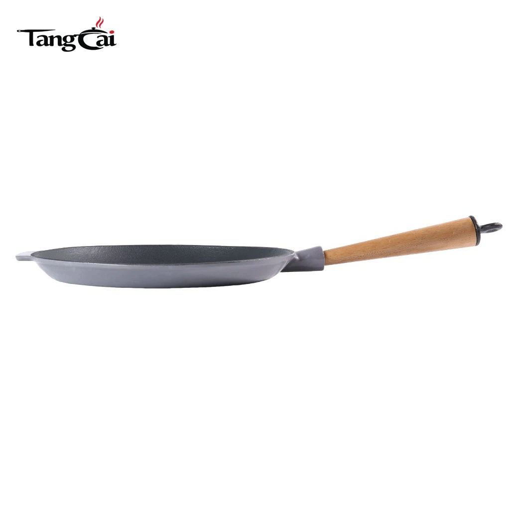 Custom  Pre-Seasoned Ridged Skillet Cast Iron Round Grill Pan with Removable Wooden Handle