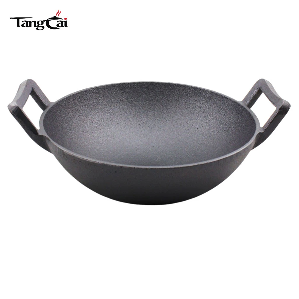 Large Nonstick Cast Iron Chinese Wok Pan for Stir-Frying, Braising & Outdoor Cooking