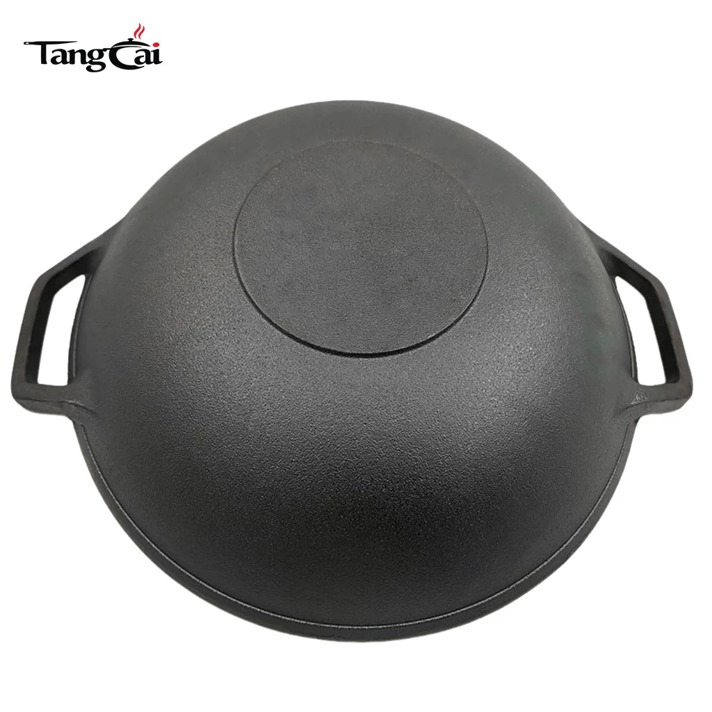 Large 14 Inch Pre-Seasoned Cast Iron Wok Pan with Dual Handles