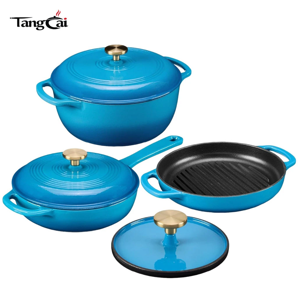 Wholesale 4-Piece Enamel Cast Iron Cookware Set - Nonstick Dutch Oven and Grill Pan Set